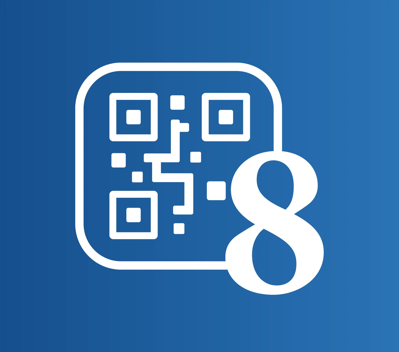 A white QR code icon with the number 8 overlaid on a blue gradient background.