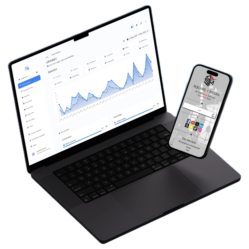 A laptop displaying an analytics dashboard with graphs and data, next to a smartphone showing a business website home page.