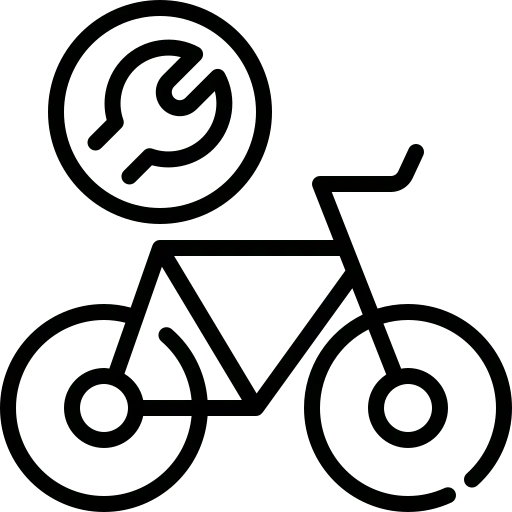 Black line icon of a bicycle with a wrench inside a circle above it, indicating bicycle repair or maintenance.