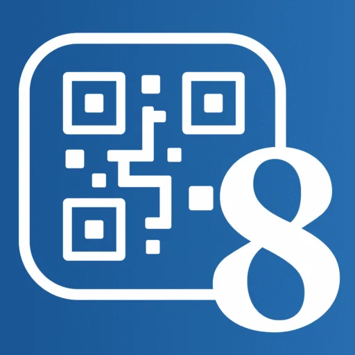 A white QR code with a large number 8 overlaps its lower right corner, all set against a blue background.