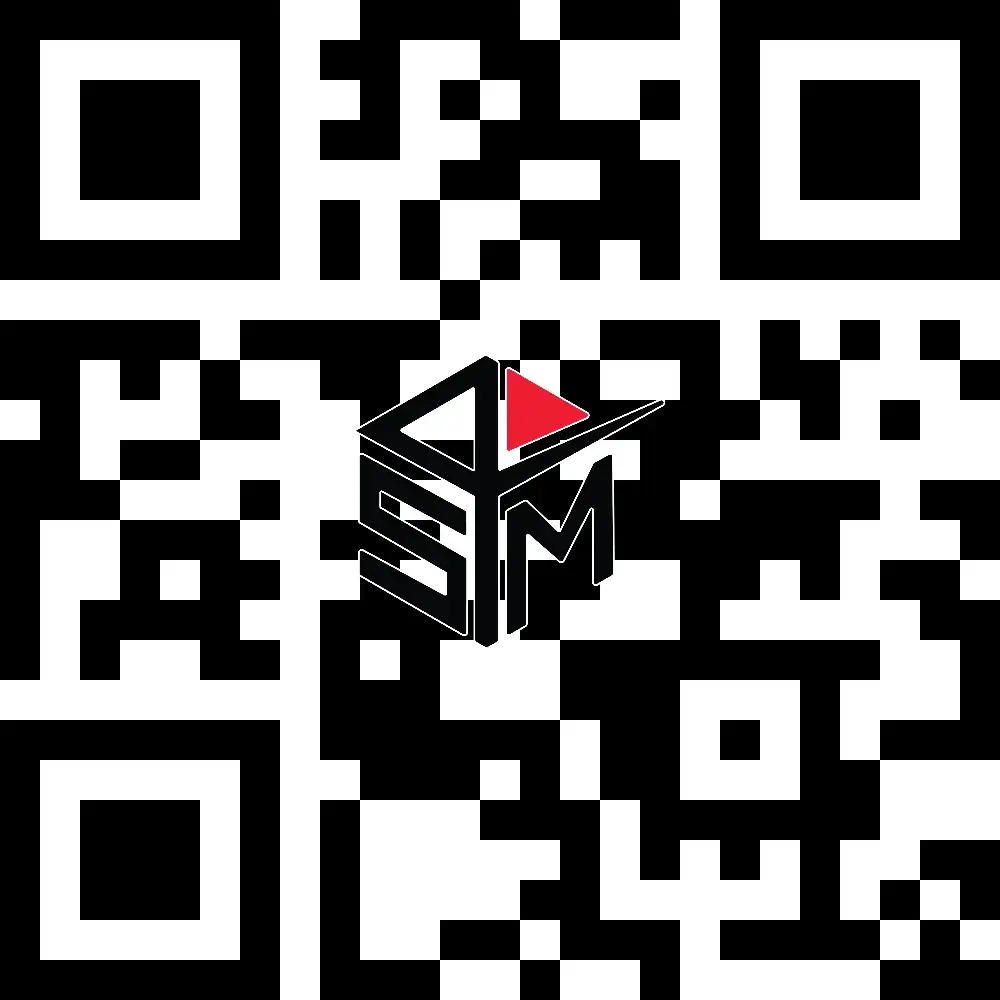 A black and white QR code featuring a geometric logo with the letters "ESM" and a small red triangle at the center.