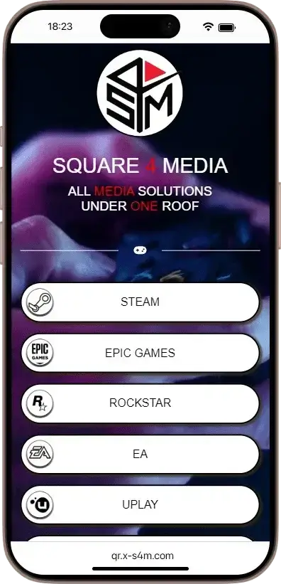 A smartphone screen displays the Square 4 Media homepage, showing options for Steam, Epic Games, Rockstar, EA, and Uplay accounts under the tagline "All media solutions under one roof.