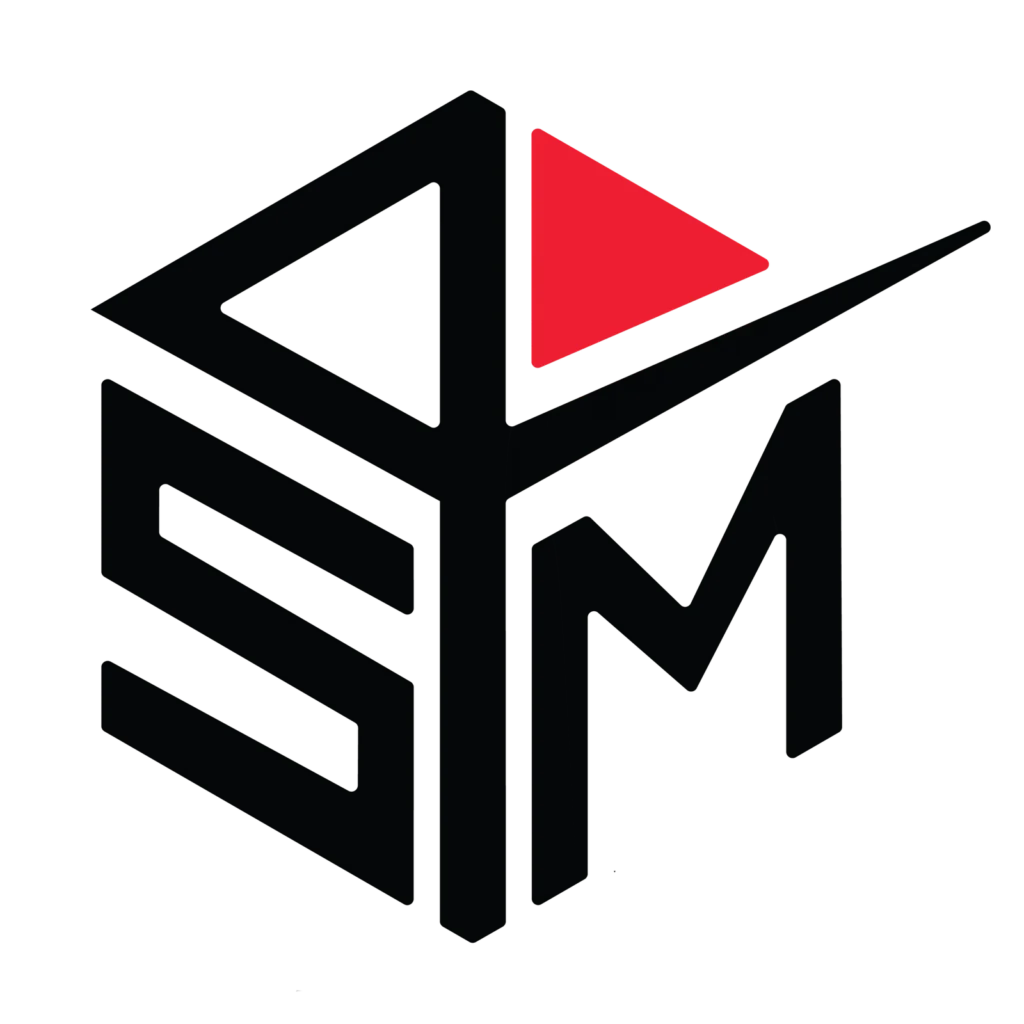 Black geometric logo with the letters S, M, and A forming a cube shape; a red triangle resembling a play button is positioned at the top right.