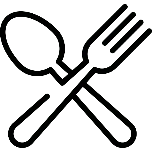 Black outline icon of a spoon and fork crossed over each other on a transparent background.