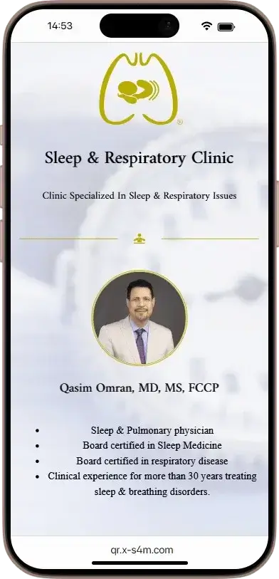 A smartphone screen displays a Sleep & Respiratory Clinic webpage featuring Dr. Qasim Omran’s photo, credentials, and details about his sleep and respiratory care expertise.