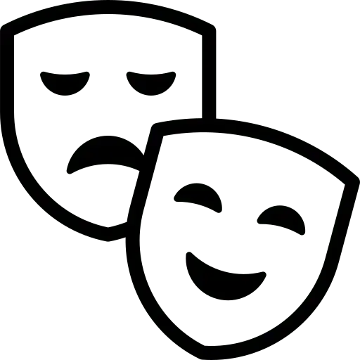 Black and white icon of two theater masks; one with a happy face in front and the other with a sad face behind.