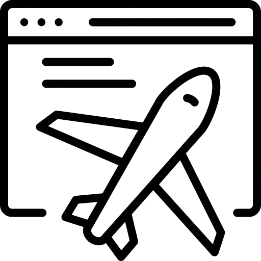 Pixel art icon of an airplane overlaying a web browser window, representing online flight booking or travel website.