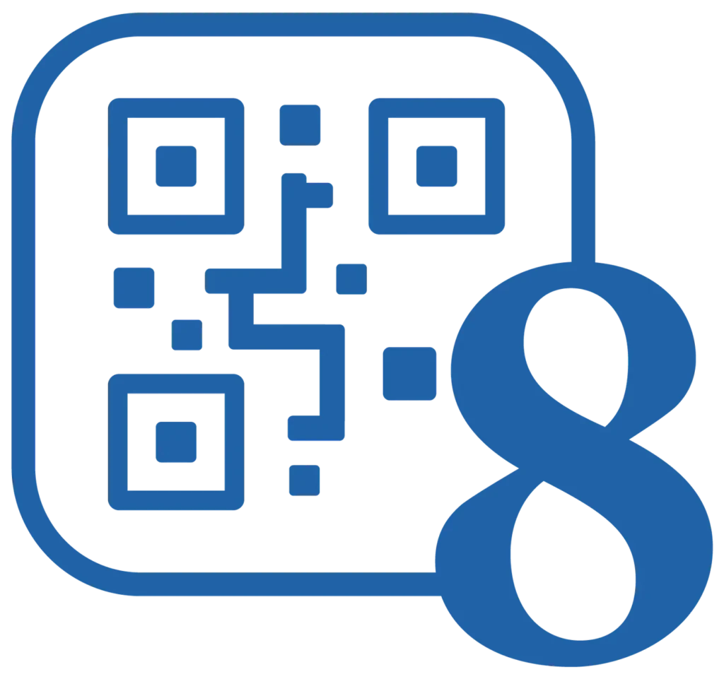 Blue QR code icon with a large blue number 8 partially overlapping the lower right corner, all set against a transparent background.