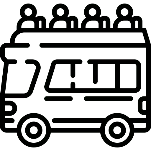 Black and white line drawing of a bus with four passengers visible through the windows, depicted in a pixel art style.