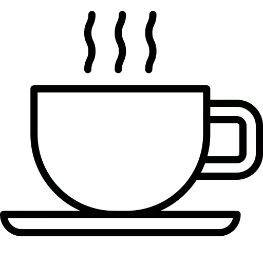 Simple black outline of a steaming cup on a saucer, likely representing a hot beverage such as coffee or tea.