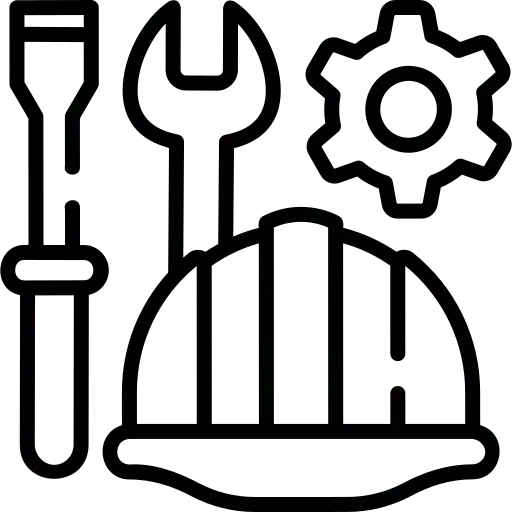 Black and white line drawing of a screwdriver, wrench, gear, and hard hat, representing tools and equipment typically associated with construction or maintenance work.