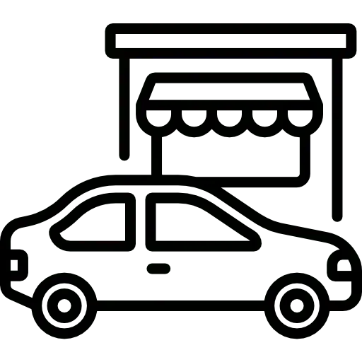Black and white icon of a car parked in front of a drive-thru window under an awning.