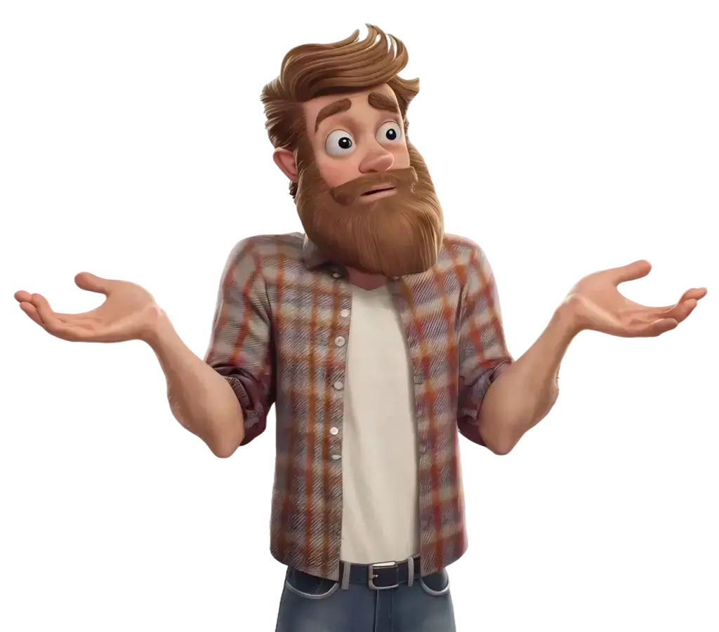 Animated man with a beard and checked shirt shrugging with both hands up, expressing confusion or uncertainty.