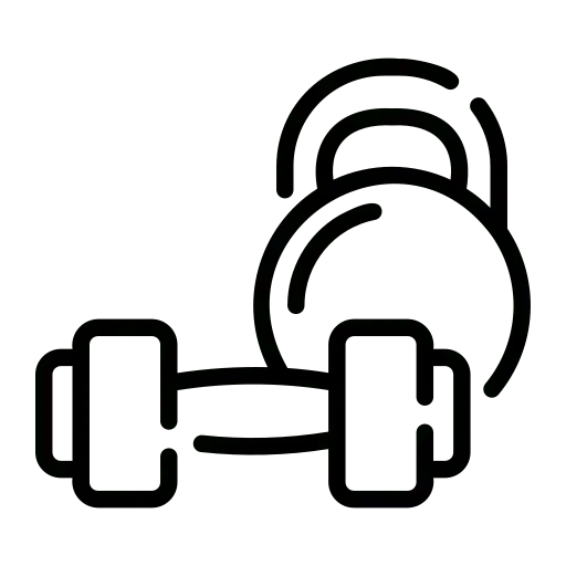 Outline icon of a dumbbell and a kettlebell placed next to each other, representing gym or fitness equipment.