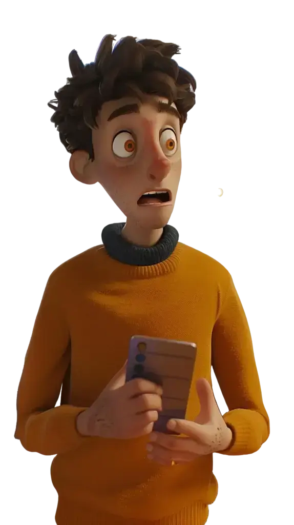 Animated character with messy dark hair wearing an orange sweater, holding a smartphone and looking surprised with wide eyes and an open mouth.