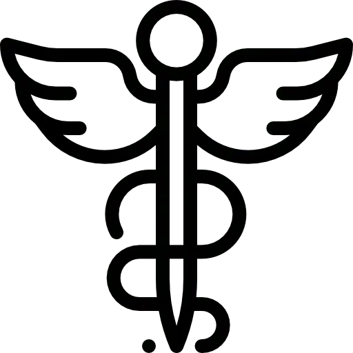 Black and white line drawing of a caduceus symbol, featuring a winged staff with two snakes entwined around it.