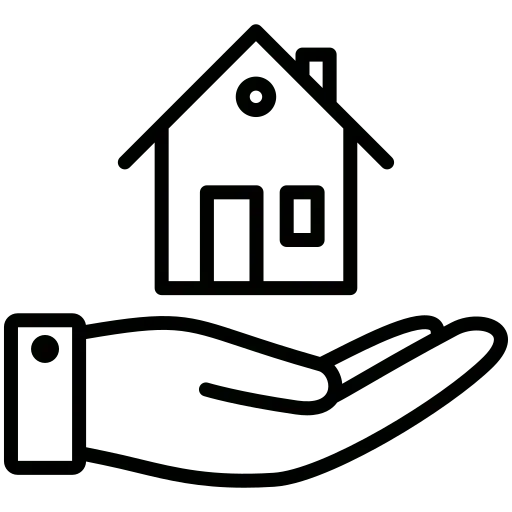 Black outline icon of an open hand below a house, symbolizing real estate, home ownership, or property care.