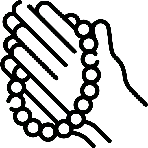 Line drawing of a hand holding prayer beads or a rosary.