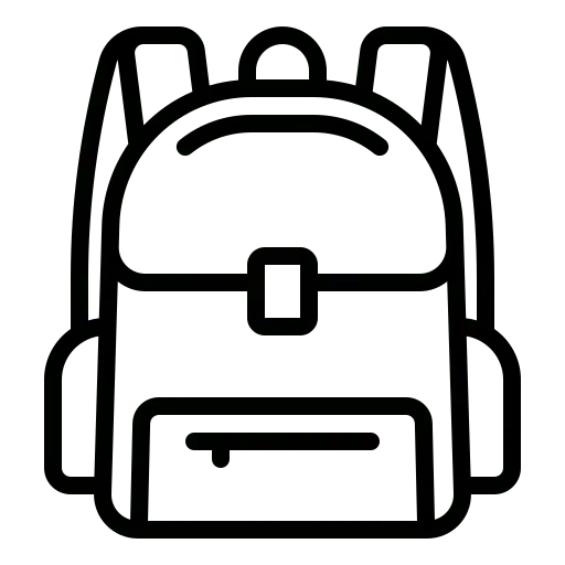 Black and white pixel art icon of a backpack, showing shoulder straps, a front pocket, and a top handle.