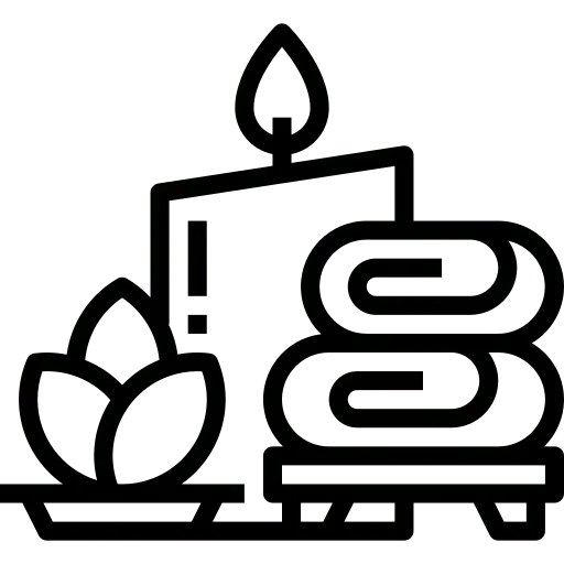 Black and white icon showing a lit candle, a flower, stacked towels, and a small bowl, suggesting a spa or relaxation setting.