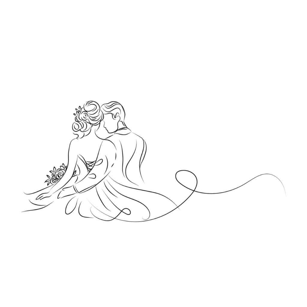 Minimalist line drawing of a couple sitting close together, the woman holding a bouquet, both dressed in formal attire—perfect for a دعوة الكترونية that captures modern romance.