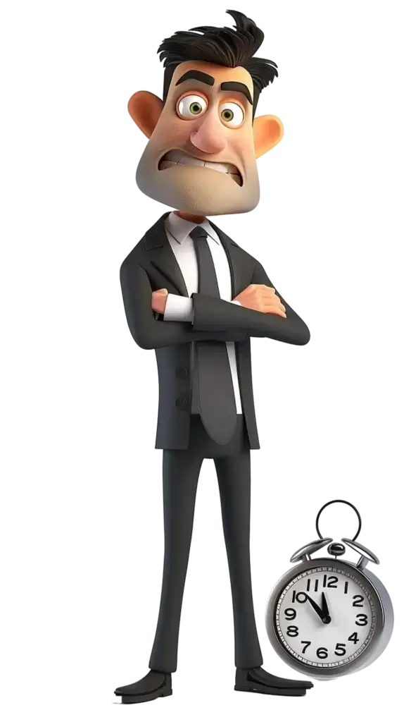 Animated man in a suit with crossed arms and a concerned expression stands next to a clock showing the time as 8:15.