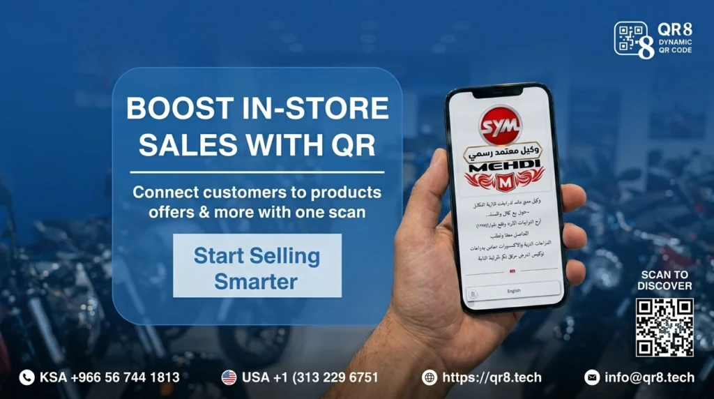 A person holds a phone displaying the QR8 app with a scannable code in front of a blurred Mehdi Bike store background, promoting QR codes for boosting in-store sales and enhancing the Digital Customer Experience. Text and contact info are visible.